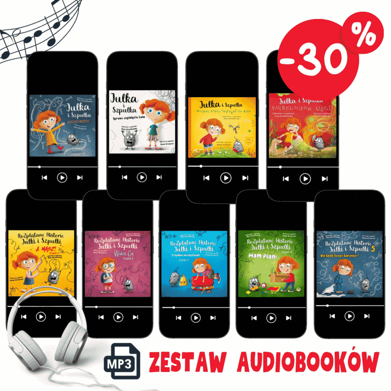9 okładek audiobooków z serii Julka i Szpulka: Sprawa zaginięcia Lulu, Kościochrupek, Wróbel, który ćwierkał za dużo, Kolekcjoner ości oraz Rozplątane Historie Julki i Szpulki: A masz, Widzę Cię, Przydasie na cierpliwość, Mam plan, Nie będę liczyć baranów