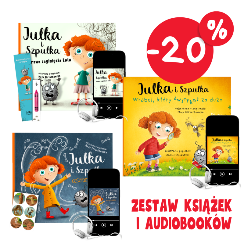 Zestaw trzech książek i audiobooków detektywistycznych dla dzieci 5+ serii Julka i Szpulka. Promocja - minus 20 % - Sprawa zaginięcia Lulu, Kościochrupek i Wróbel, który ćwierkał za dużo.