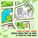 Ilustracja mapy z książki dla dzieci Julka i Szpulka Kolekcjone ości z zaznaczonymi punktami. Dziecko wpisuje tropy, aby odczytać tajne hasło i kontynuować śledztwo.