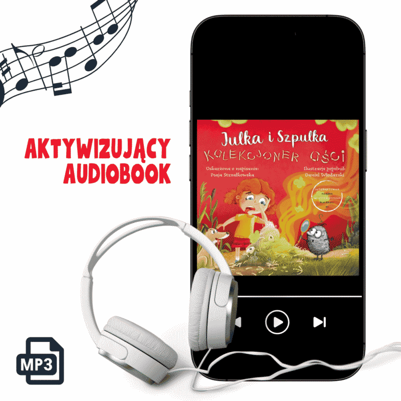 Okładka audiobooka „Julka i Szpulka. Kolekcjoner ości”. Dziewczynka z rudymi włosami zatyka nos nad dużą, zielonkawą stertą ości. Obok niej stoi pies oraz Szpulka — mały, włochaty bohater z lupą. Tło czerwone, napis stylizowany na ułożony z ości.