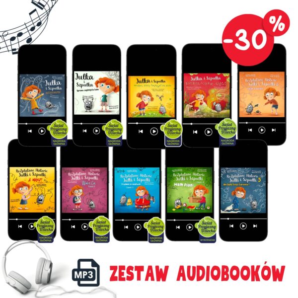 10 okładek audiobooków z serii Julka i Szpulka: Sprawa zaginięcia Lulu, Kościochrupek, Wróbel, który ćwierkał za dużo, Kolekcjoner ości oraz Rozplątane Historie Julki i Szpulki: A masz, Widzę Cię, Przydasie na cierpliwość, Mam plan, Nie będę liczyć baranów, Pająk w butach