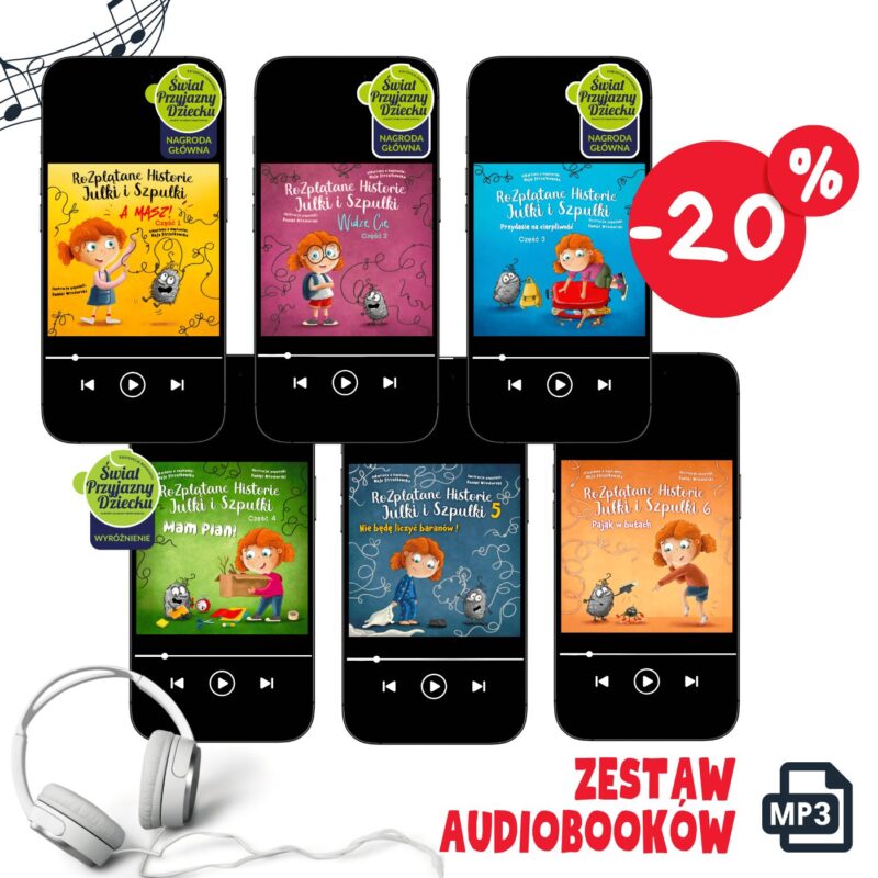 6 okładek audiobooków dla dzieci z serii Rozplątane Historie Julki i Szpulki: A masz!, Widzę Cię, Przydasie na cierpliwość, Mam plan!, Nie będę liczyć baranów!, Pająk w butach
