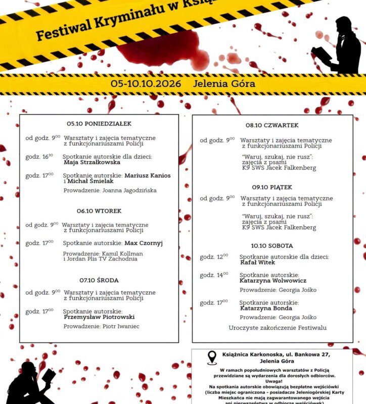 Plakat z programem 2. Festiwalu Kryminału w Książnicy Karkonoskiej w Jeleniej Górze, 5–10 października 2026. W poniedziałek 5 października o 16:30 spotkanie autorskie dla dzieci z Mają Strzałkowską, autorką serii „Julka i Szpulka". W programie także m.in. Katarzyna Bonda, Max Czornyj, Przemysław Piotrowski, Rafał Witek, warsztaty z Policją i zajęcia z psami K9. Bezpłatne wejściówki, ul. Bankowa 27.