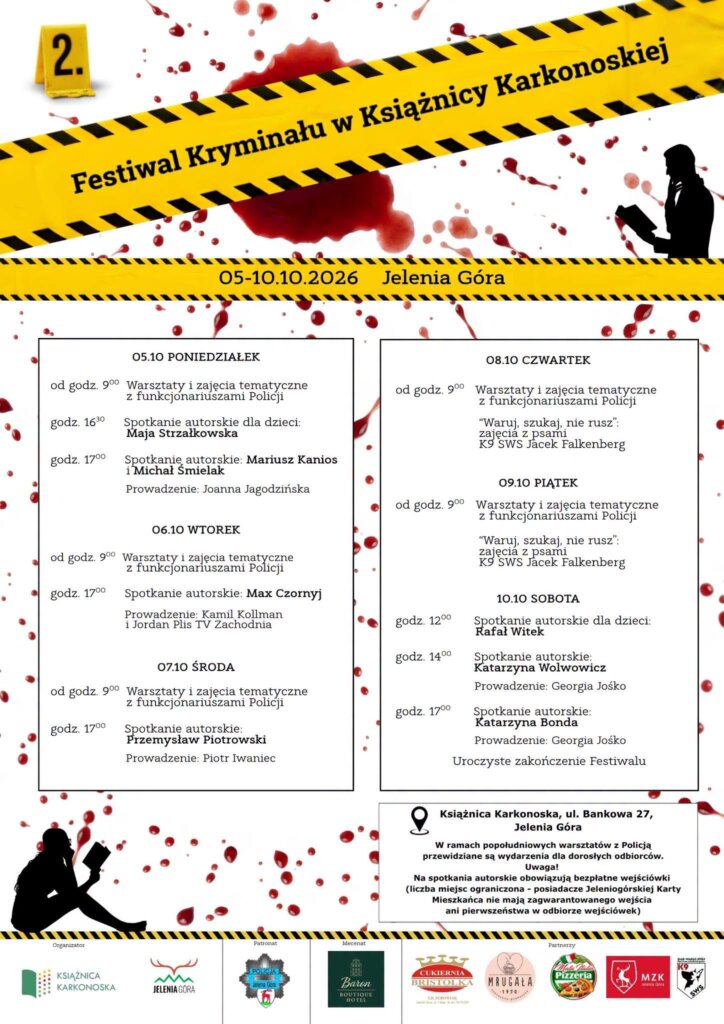 Plakat z programem 2. Festiwalu Kryminału w Książnicy Karkonoskiej w Jeleniej Górze, 5–10 października 2026. W poniedziałek 5 października o 16:30 spotkanie autorskie dla dzieci z Mają Strzałkowską, autorką serii „Julka i Szpulka". W programie także m.in. Katarzyna Bonda, Max Czornyj, Przemysław Piotrowski, Rafał Witek, warsztaty z Policją i zajęcia z psami K9. Bezpłatne wejściówki, ul. Bankowa 27.